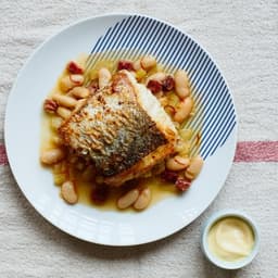 Pan-fried hake, white bean & chorizo broth